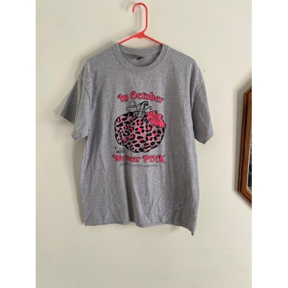 Gildan Gray Breast Cancer Awareness Pink‎ Leopard Pumpkin T-Shirt Large